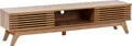 Produktbild: BELIANI Fernsehtisch Braun Holzoptik Eiche 180 cm Breit mit Kabelkanal Schiebetür Lamellen-Optik Niedrig Schmal TV-Möbel TV-Schrank für Wohnzimmer