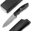 Produktbild: Magnum® Vernery Damast Knife - Jagdmesser mit Leder-Scheide schwarz - Gürtelmesser mit Damaststahl Droppoint Klinge 67 lagig - Damascus Hunting Knife mit Eben-Holz Griff