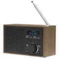 Produktbild: Digitalradio Dab+ Und Fm. Denver Dab-46 Dunkelgrau. Uhr, Wecker Und Alarm. Funktioniert Sowohl Mit Batterie Als Auch Mit Strom. Audio-ausgang 2w. Holzoberfläche.