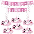 Produktbild: BRUBAKER Willkommen Baby Girlande für Mädchen - Wimpelkette mit Storch Anhängern und Deko Wirbel Spiralen - Willkommensdeko Set für Zuhause, Babyparty und Babyzimmer Dekoration - Rosa