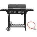 Produktbild: Royal Gourmet Gasgrill Grillwagen Campinggrill Standgrill mit Edelstahl Brenner, mit Seitenablagen und Flascheregal, 4 Brenner, 12 kW schwarz 128 cm x 103 cm x 56 cm