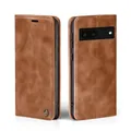 Produktbild: LBH Handyhülle für Google Pixel 6a in Hellbraun mit Karten- und Geldfach Smartphone Hülle mit Standfunktion Flip Case Schutzhülle Magnetverschluss Vintage