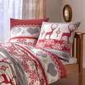 Produktbild: Traumschlaf Feinflanell Bettwäsche Hirsch im Weihnachtsstil – warme Winterbettwäsche aus 100% Baumwolle, kuschelig weich mit Norweger Strickmuster – 135 x 200 cm + 1 Kissenbezug 80 x 80 cm