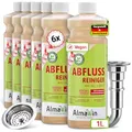 Produktbild: AlmaWin® Abflussreiniger [6x 1L - 48 Anwendungen] Extra Stark gegen Verstopfung & Gerüche - Rohrreiniger Extrem Stark gegen Haare, Seifenrückstände & Mehr - Abfluss Reiniger mit Nachtkraftformel