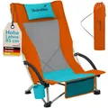 Produktbild: Skandika Strand Campingstuhl Beach | Bequemer Strandstuhl mit atmungsaktivem Mesh, Getränkehalter, niedrig, leicht zu transportieren, max. 136 kg | Faltbarer Klappstuhl, Liegestuhl (orange/blau)