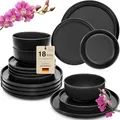 Produktbild: SÄNGER Madeira | Steingut Geschirr Set 18 tlg, Teller Set 6 Personen, Geschirrset 6x Speiseteller 6x Müslischalen 6x Dessertteller, Tafelservice schwarz kratzfest, Essgeschirr matt | VALUE COLLECTION