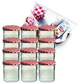 Produktbild: MamboCat 12er Set Sturzglas 350 ml Marmeladenglas Einmachglas Einweckglas to 82 rot Karierter Deckel incl. Diamant-Zucker Gelierzauber Rezeptheft
