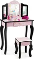 Produktbild: COSTWAY Kinder Schminktisch mit Hocker, 2 IN 1 Frisiertisch Schreibtisch mit dreifach klappbarem Spiegel & Abnehmbarer Platte & Schublade, Schminkkommode im Prinzessin-Stil (Leopard)
