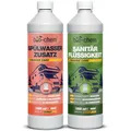 Produktbild: bio-chem Campingtoiletten-Zusätze: Mikrobiologische Sanitärflüssigkeit 1 L + Spülwasserzusatz 1 L inkl. Dosierbecher – Sanitärzusatz für Campingtoilette, Mobile Toilette, Chemietoilette – Made in GER