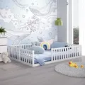 Produktbild: CADANI Teso Bodenbett 140x200 cm weiß Kinderbett, bis 200 kg belastbar, extra starker Roll-Lattenrost, umbaubar, Montessori inspiriert mitwachsend - Weiß