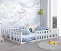 Produktbild: CADANI Teso Kinderbett 140x200 cm Montessori Bodenbett bis zu 200 kg belastbar mit Rausfallschutz inkl. Lattenrost, Kiefer Massivholz, weiß - 3 Aufbauvarianten