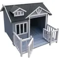 Produktbild: Wiltec Luxus XL Hundehütte 93,5 x 77,5 x 70 cm, grau weiß, Hundehaus aus Holz mit Veranda, Hundehöhle Outdoor für Balkon Garten Terrasse