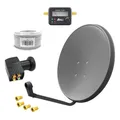 Produktbild: 60 cm HD Sat Anlage Quad LNB + 20 m Koaxialkabel 135 dB + Satfinder + 4 F-Stecker Digital 4 Teilnehmer Antenne Grau UHD 4K