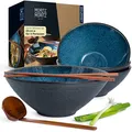 Produktbild: Moritz & Moritz SOLID 4x Ramen Schüssel Keramik - 800 bis 1300ml - 24 cm Ø - Blaues Ramen Bowl Set für 4 Personen - Für Suppe, Pho Bowl und Sushi Bowl - Inkl. Stäbchen und Löffel