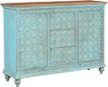 Produktbild: Marrakesch Boho Sideboard mit Türen aus Holz massiv 148cm groß als Wohnzimmer Möbel | Vintage Deko Kommode Komode Kabira blau handgeschnitzt für stilvolle Aufbewahrung im Esszimmer & Schlafzimmer