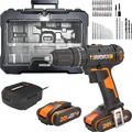 Produktbild: WORX WX370.2 Akku Schlagbohrschrauber 20V, 50Nm, 2-Gang-Getriebe, zum Schrauben, Bohren & Schlagbohren, 20 Drehmoment- + Bohrstufen + Schlagfunktion (inkl. 2x2Ah Akku, Ladegerät & Set mit 51Stk. Bits)