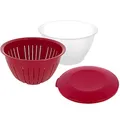 Produktbild: Westmark Vorratsdose/Servier-Schüssel mit Deckel und Sieb/Seiher, 3 teilig, Fassungsvermögen: 4,4 Liter, Kunststoff, BPA-frei, Olympia, Farbe: Transparent/Rot, 2418227R