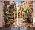 Produktbild: ABAKUHAUS Italien Rustikaler Vorhang, Old Stone Street Häuser, Wohnzimmer Universalband Gardinen mit Schlaufen und Haken, 280 x 225 cm, Sand Grün