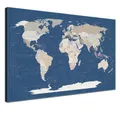 Produktbild: LANA KK Weltkarte-Pinnwand als Leinwandbild, pinne Deine Reisen und Erinnerungen – World Map Titan - Deutsch - Landkarten-Wandbild in blau, 100 x 70 cm