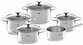 Produktbild: Fissler Topf-Set Copenhagen, Edelstahl 18/10 (Set, 9-tlg., Bratentopf 20 cm, je 1 Kochtopf 16/20/24 cm, Stielkasserolle 16 cm), Töpfe mit Glasdeckel, Mess-Skala, Induktion, backofengeeignet