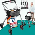 Produktbild: ELONEO Wohnungsrollator 54cm breit, faltbar und leicht, inkl. Tablett & Stoffkorb, Rollator schmal für die Wohnung, Indoor-Rollator, klappbar silber