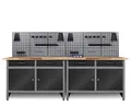 Produktbild: Ondis24 Werksatt Set Werkstatteinrichtung 240 cm – 2X Werkbank Werner mit 28 mm Buchenholzplatte & Steckdosenleiste, Arbeitshöhe 85 cm, 6X Lochwand, 22-teiliges Hakenset