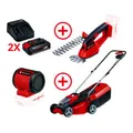 Produktbild: Einhell Akku-Rasenmäher + Akku-Gras- und Strauchschere + 2x 2,5 Ah Starter-Kit + Akku-Lautsprecher
