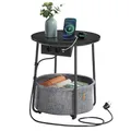 Produktbild: VASAGLE Beistelltisch rund, Kleiner Tisch, Couchtisch mit Steckdose, Wohnzimmertisch, Korb aus Stoff, Stauraum für Wohnzimmer Schlafzimmer, Nachttisch modern, ebenholzschwarz-schiefergrau LET228B02