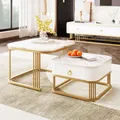 Produktbild: MERAX Couchtisch Set Marmoroptik mit Schublade Beistelltisch hochglanz, Satztisch mit Glasplatte, Wohnzimmertisch, Weiß