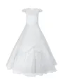 Produktbild: Märchenburg Satinkleid Eleganza Blanca Kommunionkleid Prinzessinnenkleid m. Spitze & Reifrock - KOMMUNIONKLEID - Lilie 2026 -zarte Spitzenärmel u. feine Stickereien