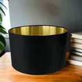 Produktbild: Lampenschirm Schwarz Gold Ø 40 cm für Hängelampe Samt Stoff E27 E14 Modern rund Zylinder Stoffschirm für Hängeleuchte OHNE Gestell