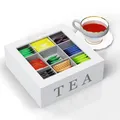 Produktbild: Oramics Teebox mit 6 oder 9 Fächern in Weiß oder Schwarz im edlen Holzdesign Teekiste Tee Aufbewahrung inklusive E-Book (Weiß, 9 Fächer)
