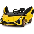 Produktbild: Costway - 12v Lamborghini Kinderauto Mit 2,4g-fernbedienung, Elektroauto 3-5km/h Mit Mp3, Radio, Musik Und Led-scheinwerfer, Kinderfahrzeug Für Kinder Von 3-8 Jahren Gelb