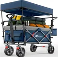 Produktbild: TRESKO® Bollerwagen Faltbar mit Dach Blau, Kühlfach & Seitenrollos | Handwagen max. belastbar bis 150kg | Transportwagen mit Vollgummireifen & Feststellbremsen (Vorne & Hinten) und 3-Punkt-Gurt