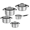 Produktbild: RÖSLE SILENCE PRO Topf-Set 5-tlg., Universaltopfset mit 3 Kochtöpfen, 1 Bratentopf und 1 Stielkasserolle, Edelstahl 18/10, Glasdeckel, Innenskalierung, induktions- und spülmaschinengeeignet
