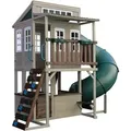 Produktbild: KidKraft Cozy Escape Spielturm mit Rutsche – Zweistöckiges Outdoor Klettergerüst mit Tunnelrutsche, Kletterwand & Spielküche Grau