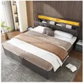 Produktbild: REDOM Polsterbett Doppelbett Bett Stauraumbett Jugendbett gepolsteres Bettgestell (Stahlrahmen mit Hydraulisch anhebbarer Bettstauraum LED-Beleuchtung, 1-tlg., Leinen Bezug mIt Schubladen und Staufächer 160x200 cm mit Matratze), mit verstaubarem und höhenverstellbarem Kopfteil Polsterung aus Schaum grau 164 cm x 208 cm x 102 cm