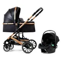 Produktbild: Pixini Kalani 3-in-1 Kombikinderwagen gold schwarz Premium Set – Babywanne, Buggy Sportsitz & i-Size Auto Babyschale, gefedertes Gestell, großer Einkaufskorb, Wickeltasche, Regenschutz, Federung