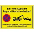Produktbild: Großes Schild Ein- und Ausfahrt | PVC 42x30 cm | Tag und Nacht freihalten Unberechtigt parkende Fahrzeuge werden kostenpflichtig abgeschleppt | gelb