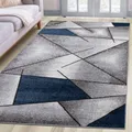 Produktbild: oKu-Tex Teppich Wohnzimmerteppich [160x230 cm] weicher Kurzflor grau blau - Blauer Teppich für das Wohnzimmer - Carpet Living Room - Modernes geometrisches Design - Deutsche Marke