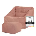 Produktbild: Icon Natalia Sitzsack Sessel mit Hocker für Erwachsene, Rosa, Flauschiger Cord Stoff, Riesen Sitzsack Samt mit Füllung, Bean Bag Chair, Bequemer Sessel Wohnzimmer, Lounge, Schlafzimmer, Büro