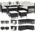 Produktbild: Juskys Polyrattan Lounge Manacor - Sofa, Tisch, Hocker & Kissen - Schwarz & Creme