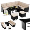 Produktbild: Juskys Polyrattan Lounge Manacor mit Ecksofa, Esstisch, 2 Hocker & Kissen - wetterfest bis 7 Personen - Bezüge waschbar - Rattan Garten Sitzgruppe Gartenlounge Gartenmöbel Set - Schwarz/Creme