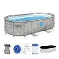 Produktbild: Bestway Power Steel Swim Vista Series Frame Pool Komplett-Set mit Filterpumpe 427 x 250 x 100 cm, Steinwand-Optik (Cremegrau), oval