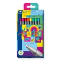 Produktbild: STAEDTLER Fineliner triplus Happy, ergonomischer Dreikantschaft, superfeine, metallgefasste 0,3 mm Spitze, lange Lebensdauer, 10 Fineliner in sortierten Happy-Farben im Kartonetui, 334 C10 HA
