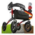 Produktbild: ELONEO Rollator faltbar und leicht mit Sitz, Outdoor Rollator mit Luftbereifung inkl. Sitzfläche, Rückengurt, höhenverstellbare Gehhilfe aus Aluminium inkl. Tasche und Stockhalter Rot
