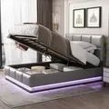 Produktbild: Flieks Polsterbett mit LED, hydraulisches Boxspringbett 140x200cm mit Lattenrost, Stauraum, Doppelbett Holzbett Kunstleder - Grau