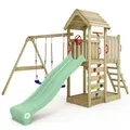 Produktbild: WICKEY Spielturm Klettergerüst MultiFlyer mit Holzdach, Schaukel & pastellgrüner Rutsche, Outdoor Kinder Kletterturm mit Sandkasten, Leiter & Spiel-Zubehör für den Garten