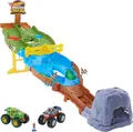 Produktbild: Hot Wheels HJG32 - Monster Trucks Rennstrecke Spielset mit den Monster Trucks Bigfoot und Gunkster für Kopf-an-Kopf-Rennen, Autospielzeuge für Kinder ab 4 Jahren