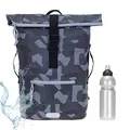 Produktbild: Elephant Rucksack Herren Plane Time Bag Kurierrucksack Roll-Top Fahrradrucksack Sport Fitness Damen 23 Liter A4 12821 + Flasche (12824 Cyber Camo Schwarz)